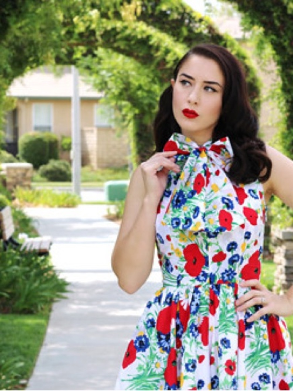 Vintage Inspired Floral Bow-Tie Neck Dress